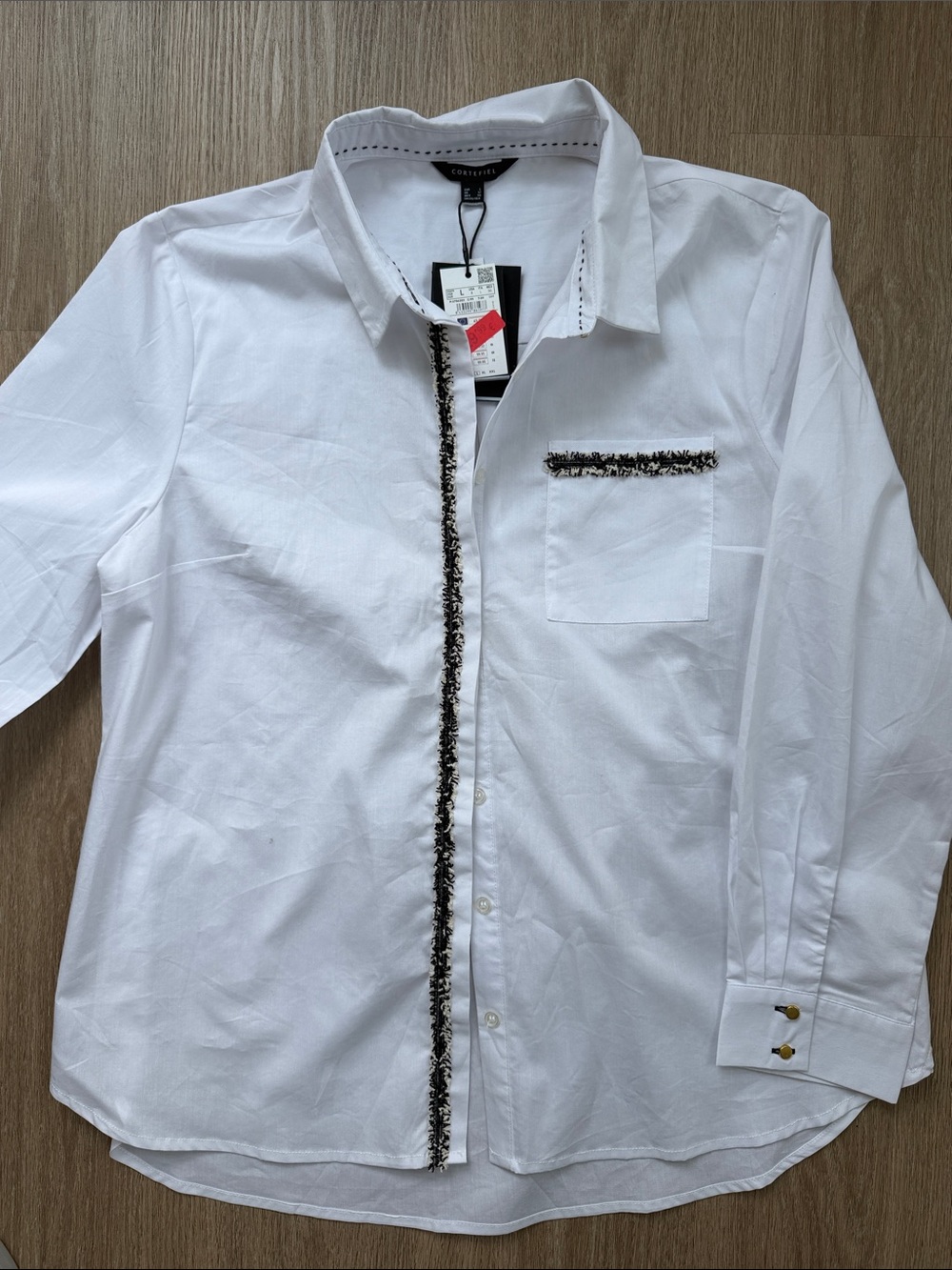 Cortefiel White Cotton Blend Shirt Tweed Trim Button Front Women’s L